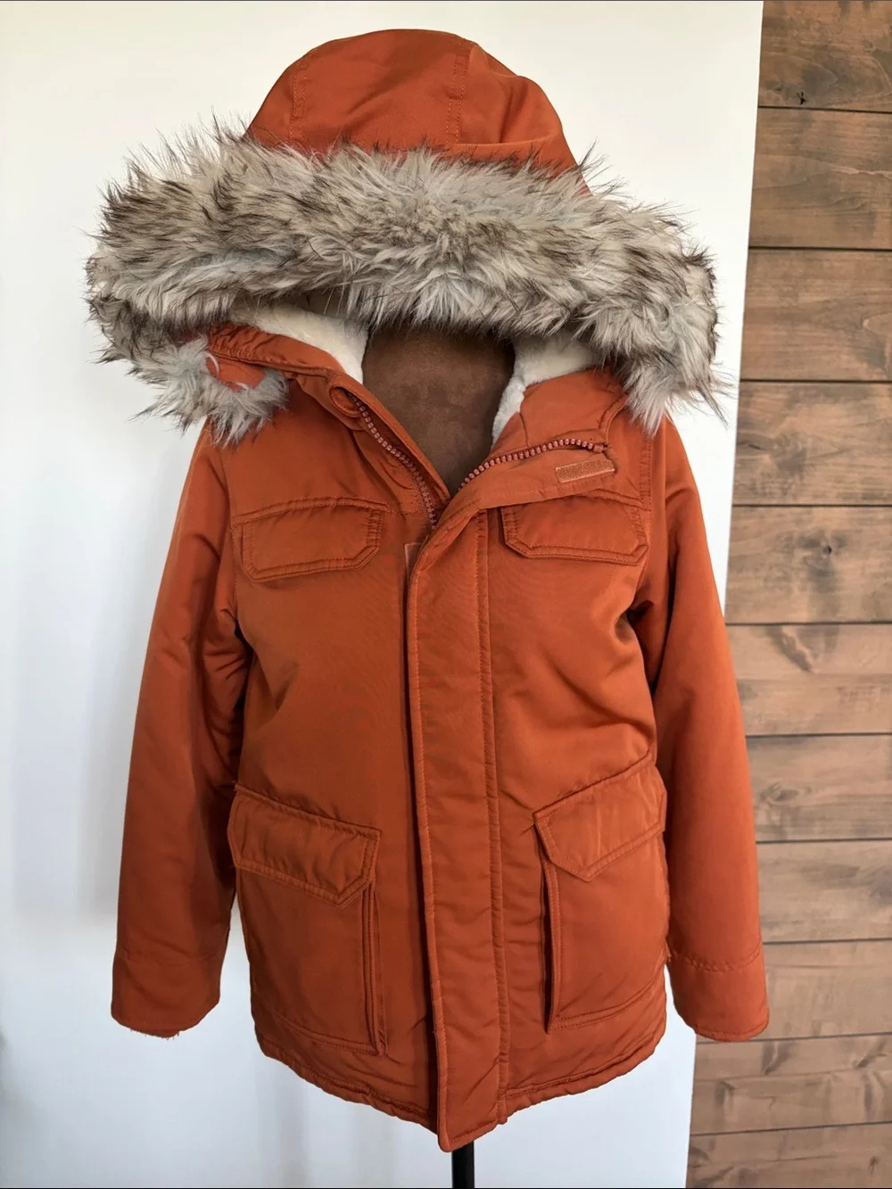 Abercrombie & Fitch Orange Hooded Faux-Fur Trim Puffer Jacket